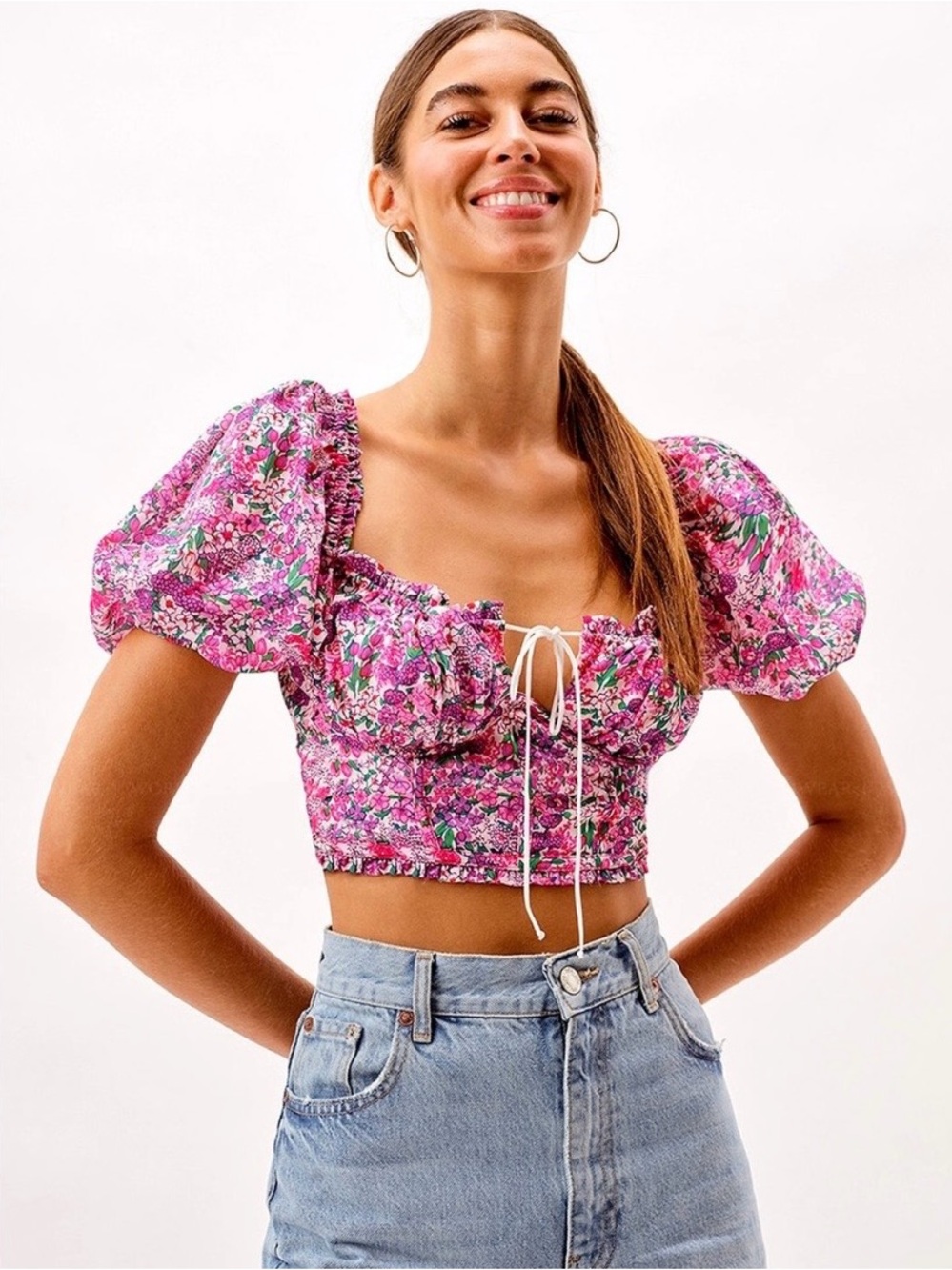 For Love & Lemons Pink Floral Puff-Sleeve Tie-Front Crop Top